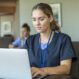 A female nursing student wearing scrubs types on a laptop computer while attending class in a lecture hall.